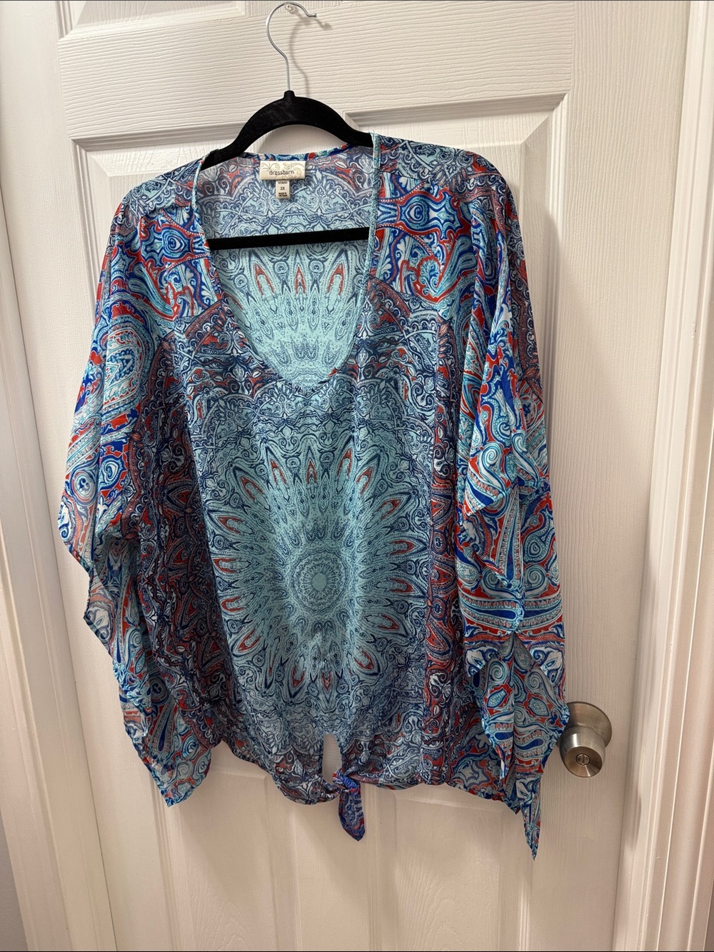 dressbarn Blue Teal Paisley Tie-Front Kimono